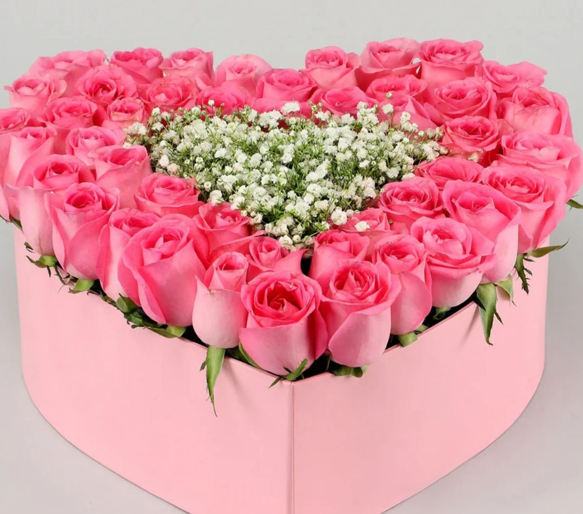 Pink heart box with pink roses & gypso